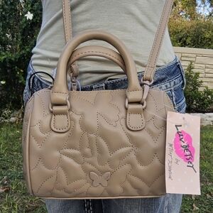 BETSEY JOHNSON TAUPE LUV BETSEY QUILTED BUTTERFLY MINI BARREL CROSSBODY